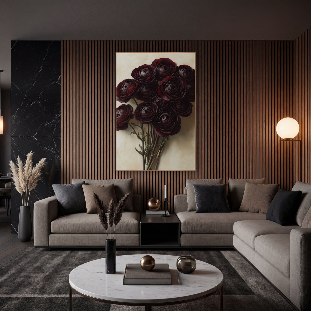 Crimson Ranunculus Spray Realism wall art in an elegant modern room – bouquet of eleven dark burgundy ranunculus
