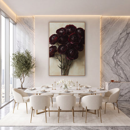 Crimson Ranunculus Spray Realism wall art in an elegant modern room – bouquet of eleven dark burgundy ranunculus