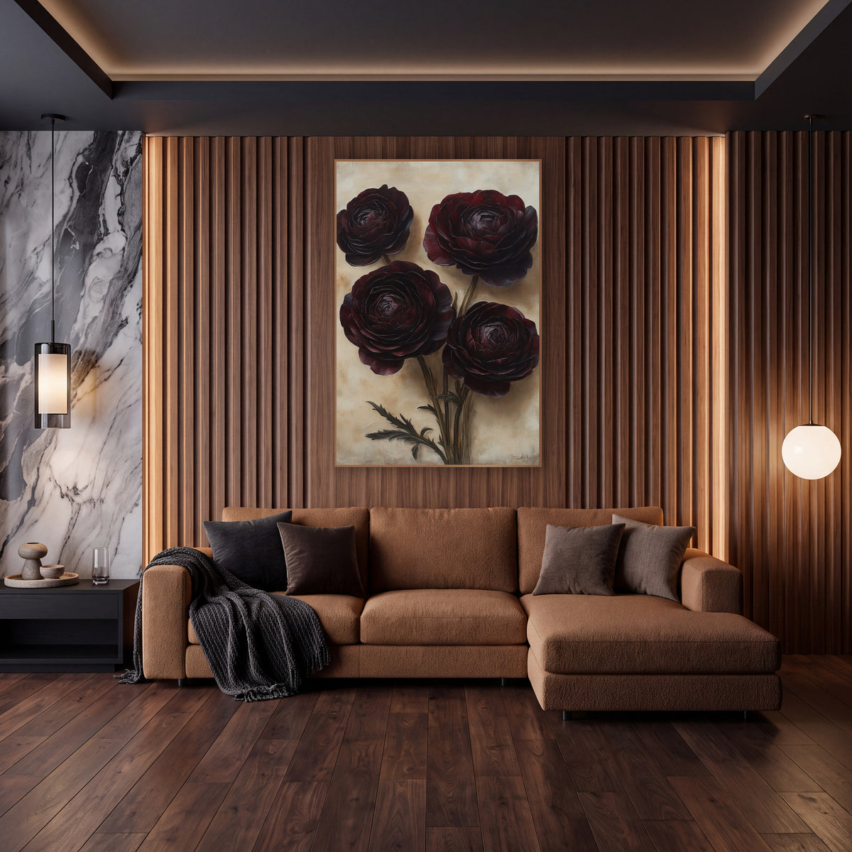 Burgundy Ranunculus Moody Botanical wall art in an elegant modern room – four dark burgundy ranunculus flowers