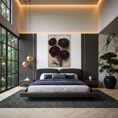 Burgundy Ranunculus Moody Botanical wall art in an elegant modern room – four dark burgundy ranunculus flowers