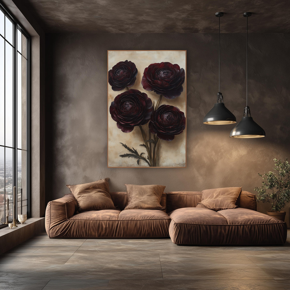 Burgundy Ranunculus Moody Botanical wall art in an elegant modern room – four dark burgundy ranunculus flowers