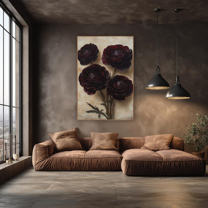 Burgundy Ranunculus Moody Botanical wall art in an elegant modern room – four dark burgundy ranunculus flowers