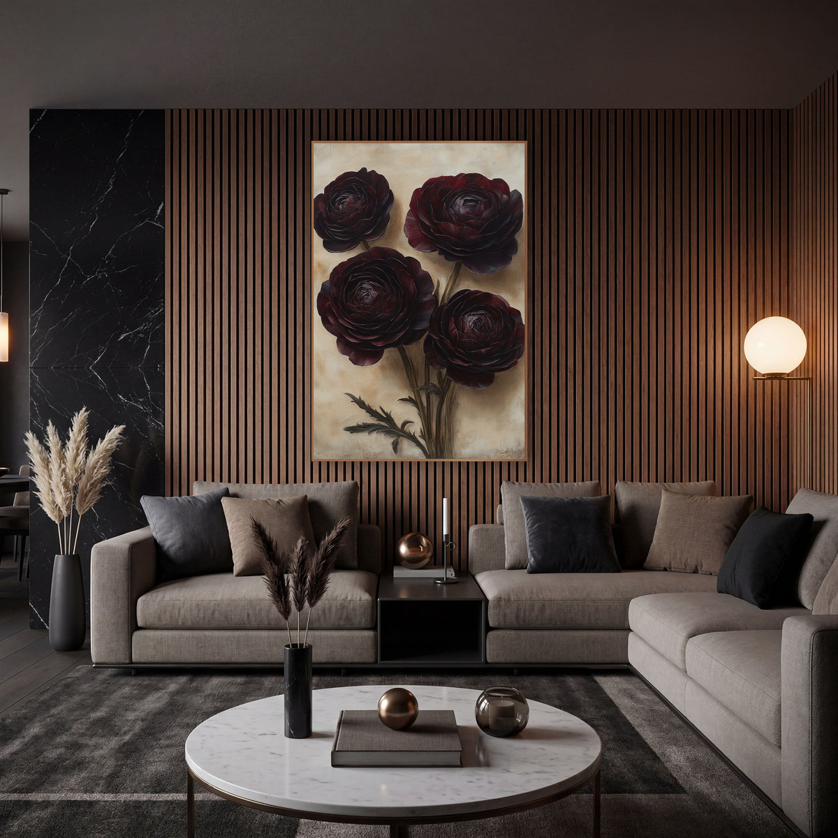 Burgundy Ranunculus Moody Botanical wall art in an elegant modern room – four dark burgundy ranunculus flowers