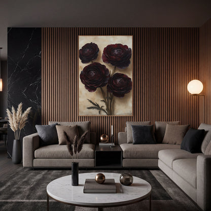 Burgundy Ranunculus Moody Botanical wall art in an elegant modern room – four dark burgundy ranunculus flowers