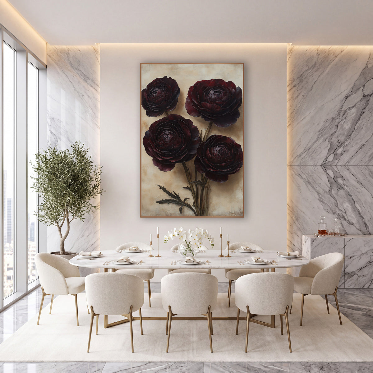 Burgundy Ranunculus Moody Botanical wall art in an elegant modern room – four dark burgundy ranunculus flowers