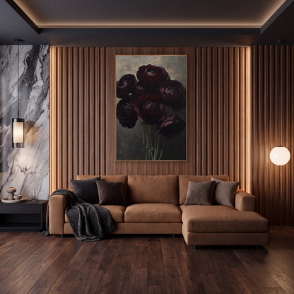 Burgundy Ranunculus Bouquet Moody Floral wall art in an elegant modern room – bouquet of seven dark burgundy