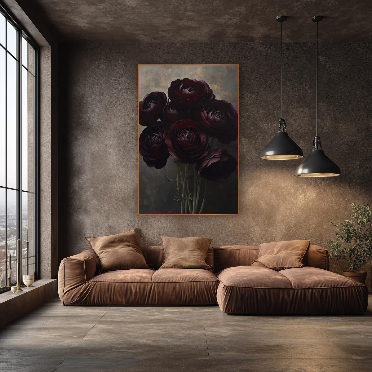 Burgundy Ranunculus Bouquet Moody Floral wall art in an elegant modern room – bouquet of seven dark burgundy