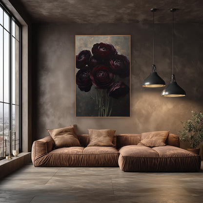 Burgundy Ranunculus Bouquet Moody Floral wall art in an elegant modern room – bouquet of seven dark burgundy