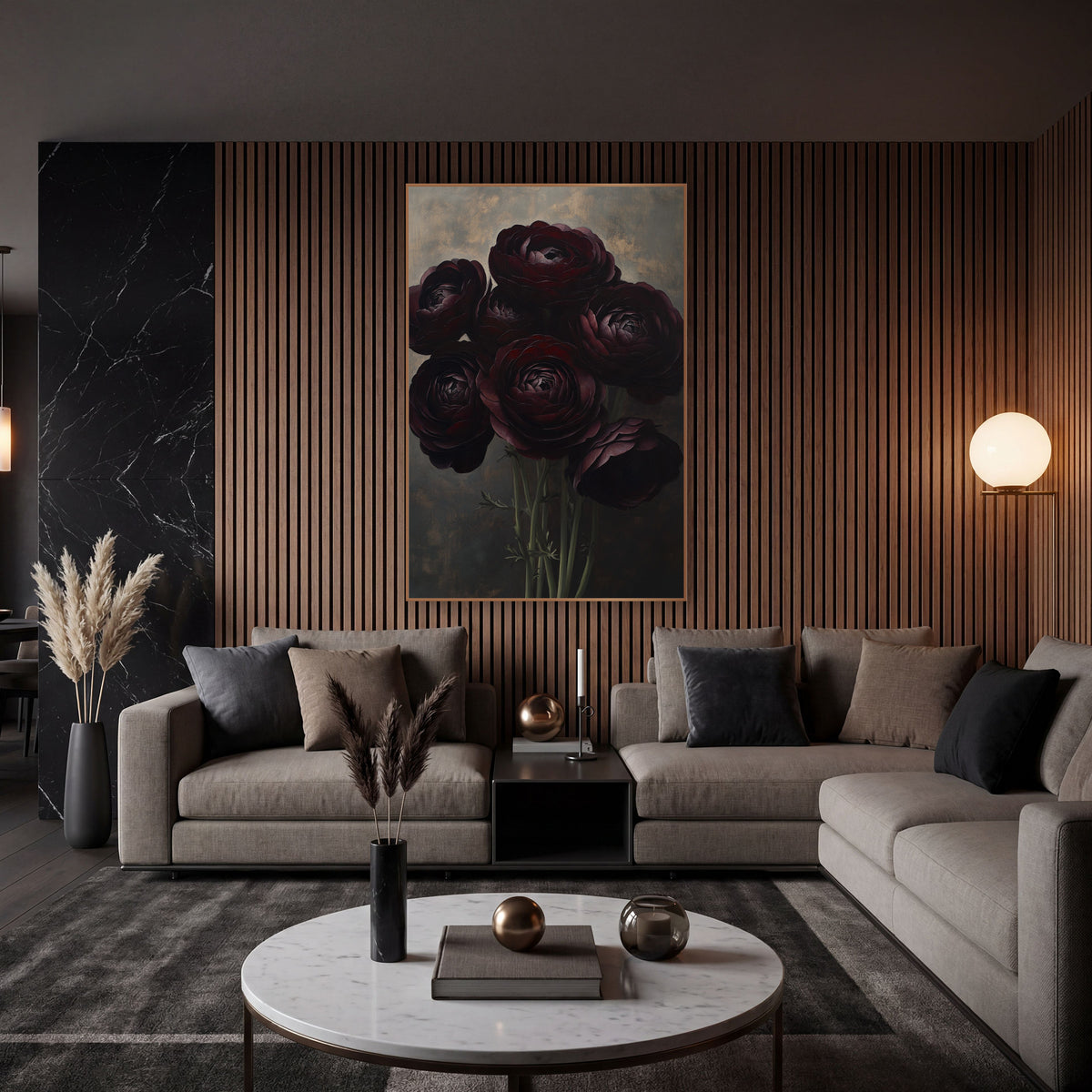 Burgundy Ranunculus Bouquet Moody Floral wall art in an elegant modern room – bouquet of seven dark burgundy