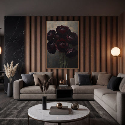 Burgundy Ranunculus Bouquet Moody Floral wall art in an elegant modern room – bouquet of seven dark burgundy