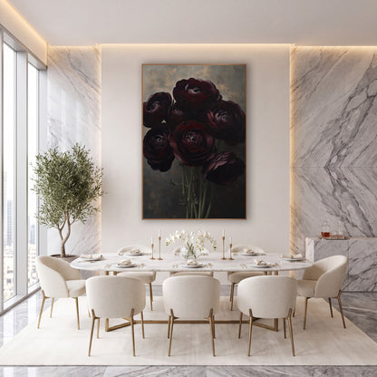 Burgundy Ranunculus Bouquet Moody Floral wall art in an elegant modern room – bouquet of seven dark burgundy