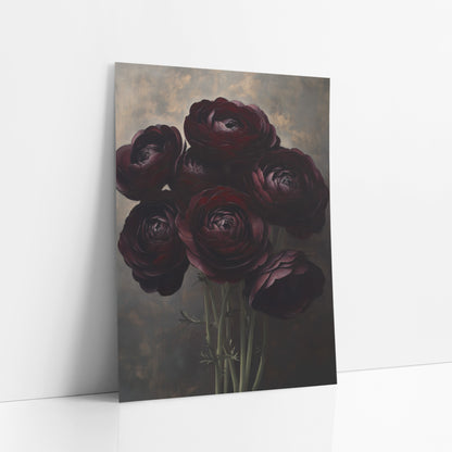 Burgundy Ranunculus Bouquet Moody Floral art print leaning against a white wall – bouquet of seven dark burgundy ranunculus