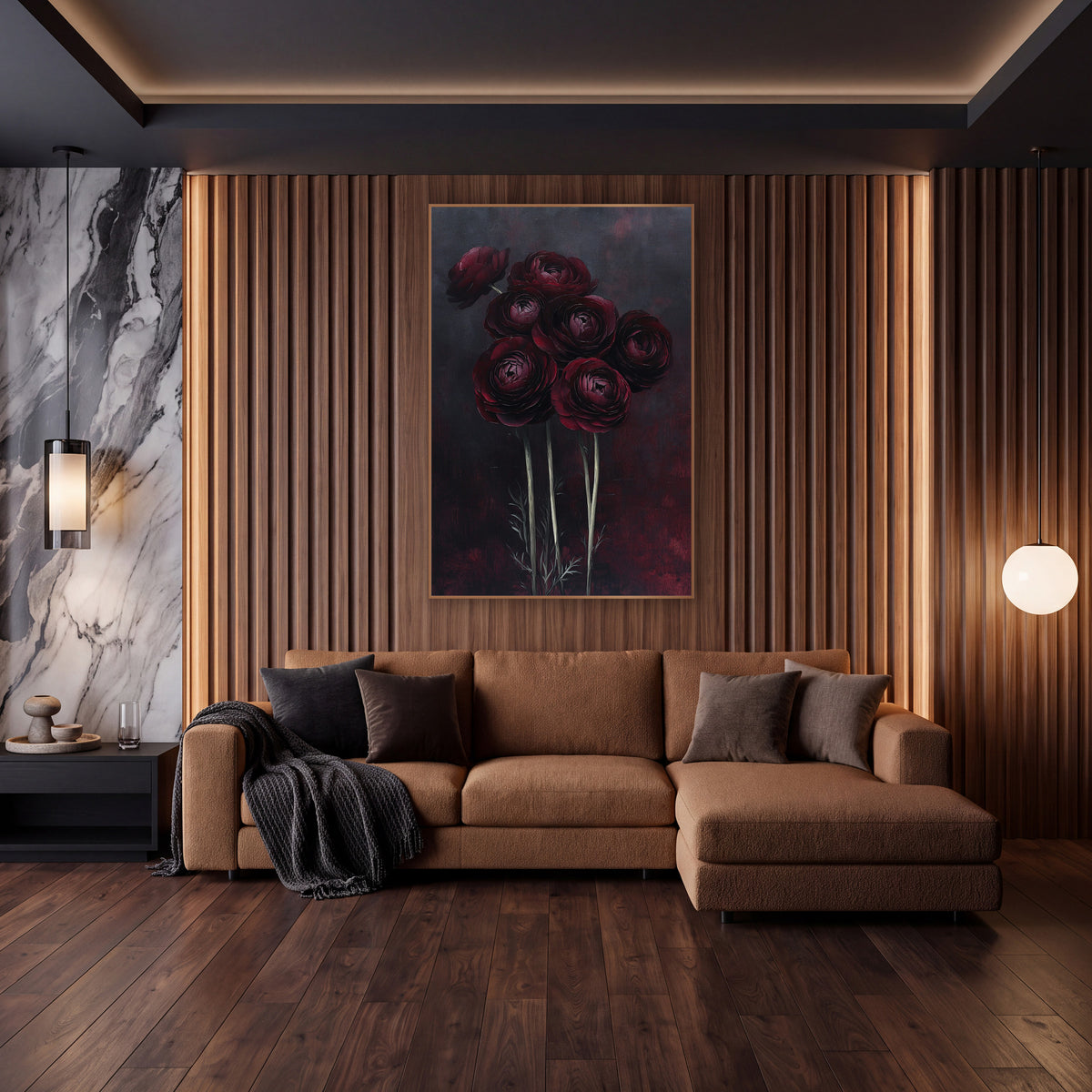 Tall Ranunculus Twilight Moody wall art in an elegant modern room – seven dark red ranunculus flowers on tall pale