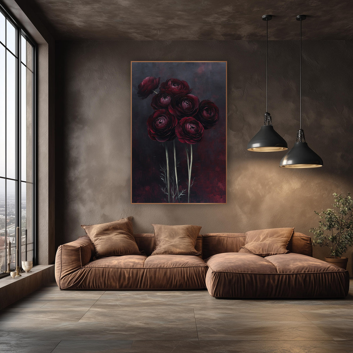 Tall Ranunculus Twilight Moody wall art in an elegant modern room – seven dark red ranunculus flowers on tall pale