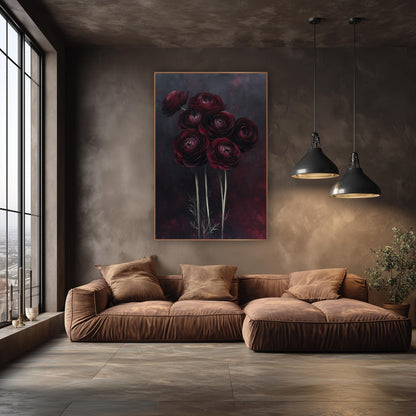 Tall Ranunculus Twilight Moody wall art in an elegant modern room – seven dark red ranunculus flowers on tall pale