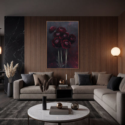 Tall Ranunculus Twilight Moody wall art in an elegant modern room – seven dark red ranunculus flowers on tall pale