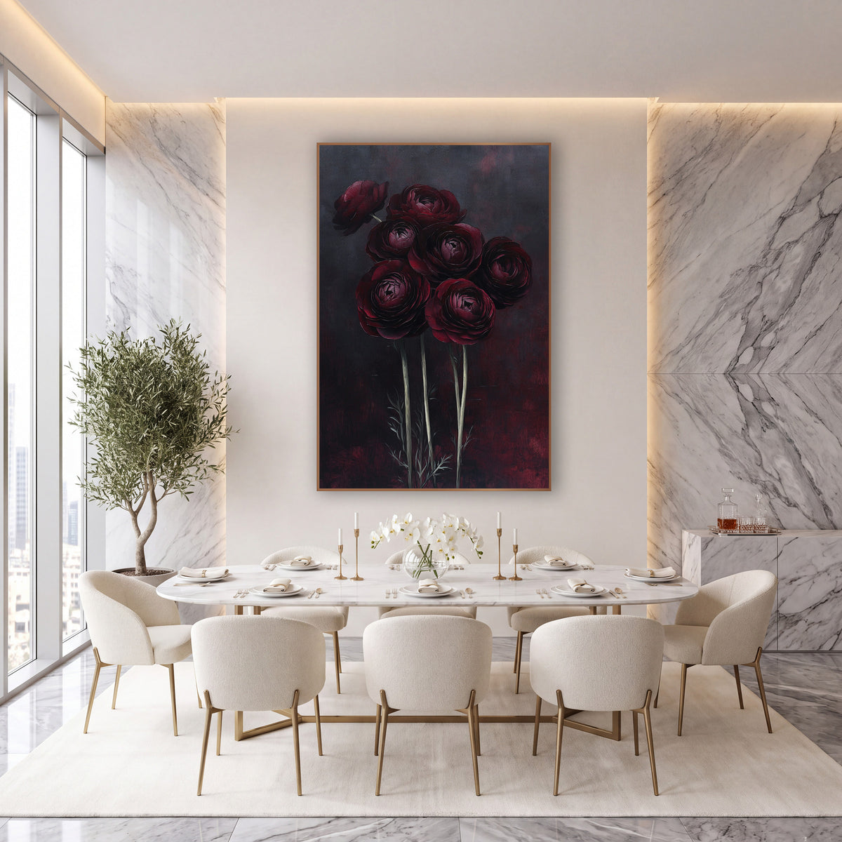 Tall Ranunculus Twilight Moody wall art in an elegant modern room – seven dark red ranunculus flowers on tall pale