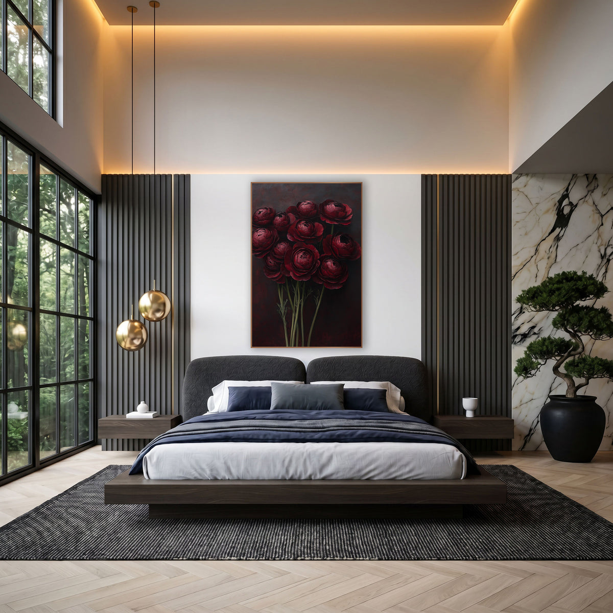 Dark Crimson Ranunculus Luxe Floral wall art in an elegant modern room – ten dark red ranunculus with layered ruffled
