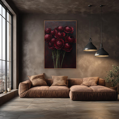 Dark Crimson Ranunculus Luxe Floral wall art in an elegant modern room – ten dark red ranunculus with layered ruffled