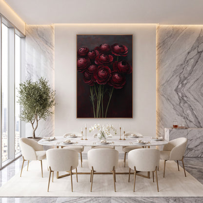 Dark Crimson Ranunculus Luxe Floral wall art in an elegant modern room – ten dark red ranunculus with layered ruffled