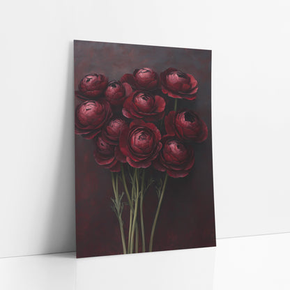 Dark Crimson Ranunculus Luxe Floral art print leaning against a white wall – ten dark red ranunculus with layered ruffled