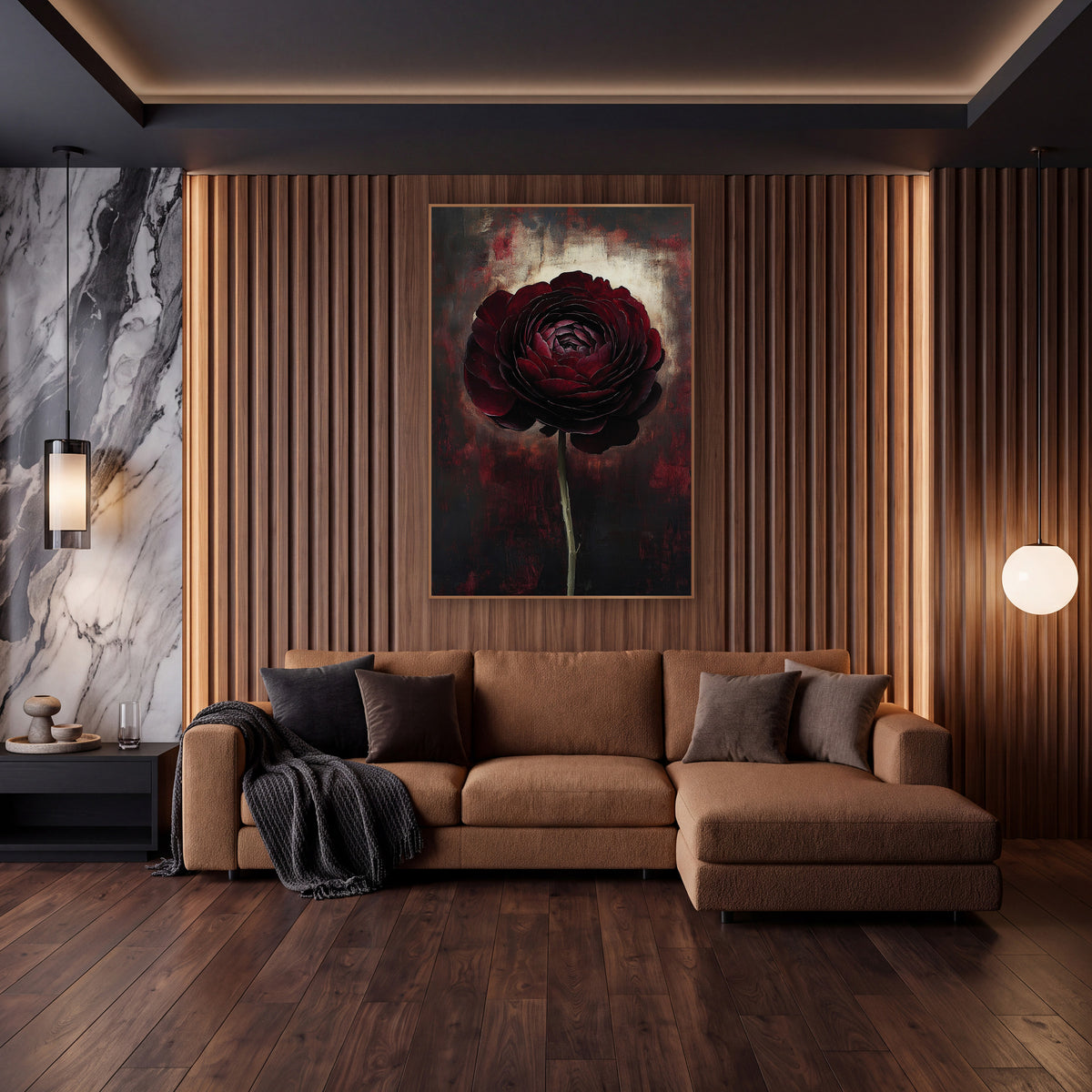 Burgundy Ranunculus Bloom Moody Floral wall art in an elegant modern room – single deep burgundy ranunculus on a long