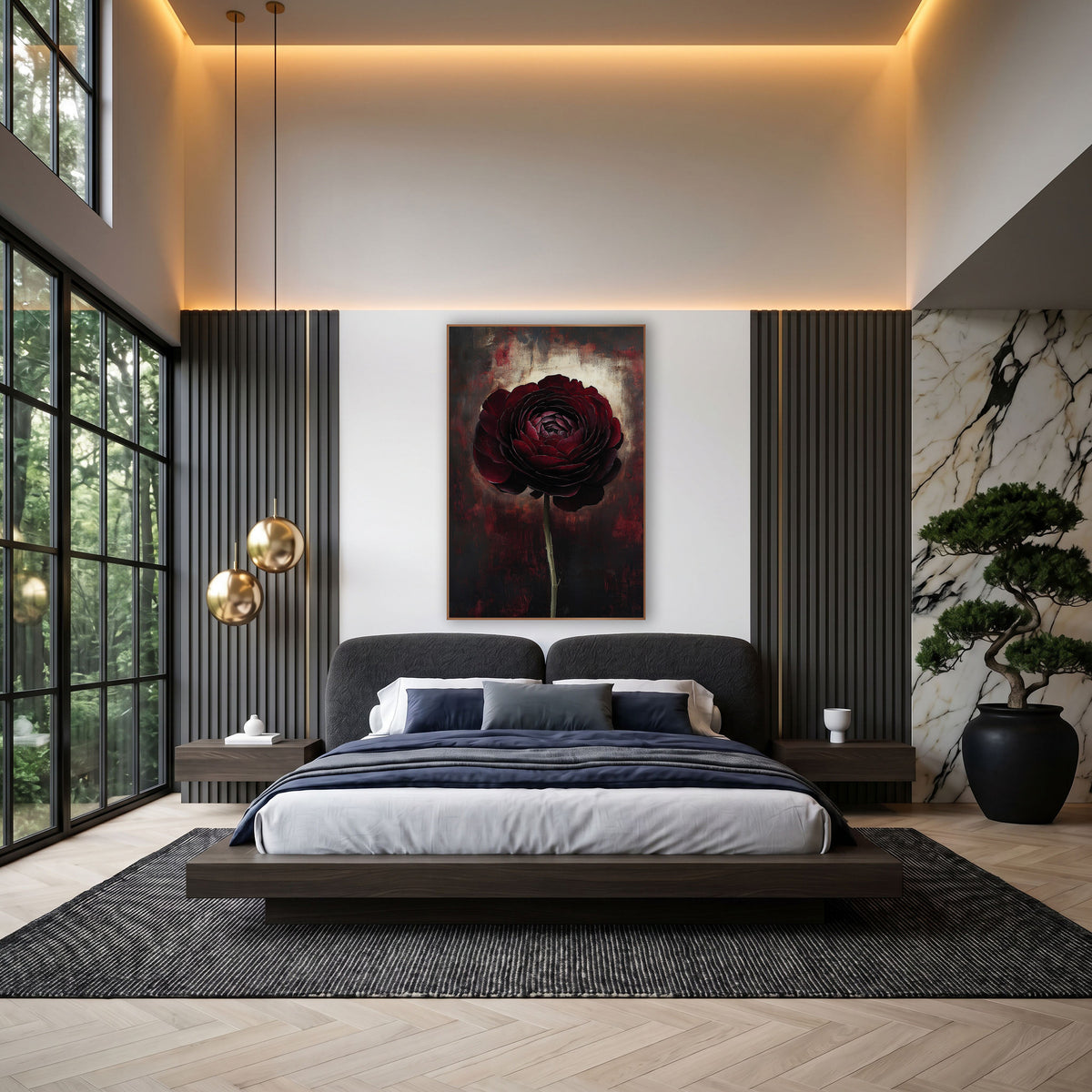 Burgundy Ranunculus Bloom Moody Floral wall art in an elegant modern room – single deep burgundy ranunculus on a long