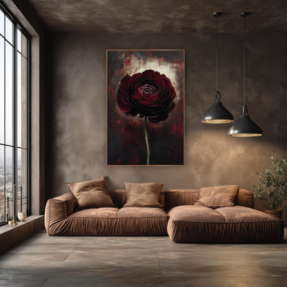 Burgundy Ranunculus Bloom Moody Floral wall art in an elegant modern room – single deep burgundy ranunculus on a long