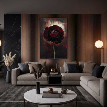 Burgundy Ranunculus Bloom Moody Floral wall art in an elegant modern room – single deep burgundy ranunculus on a long
