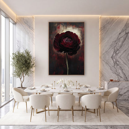 Burgundy Ranunculus Bloom Moody Floral wall art in an elegant modern room – single deep burgundy ranunculus on a long