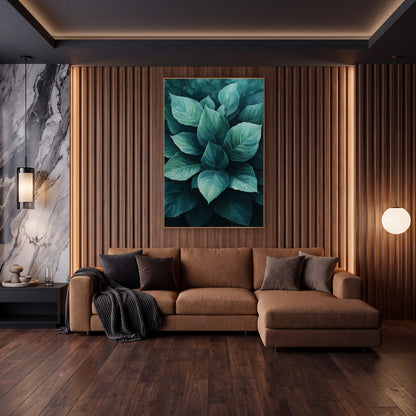 Teal Hosta Leaf Cluster Botanical wall art in an elegant modern room – cluster of broad hosta leaves in mint, seafoam
