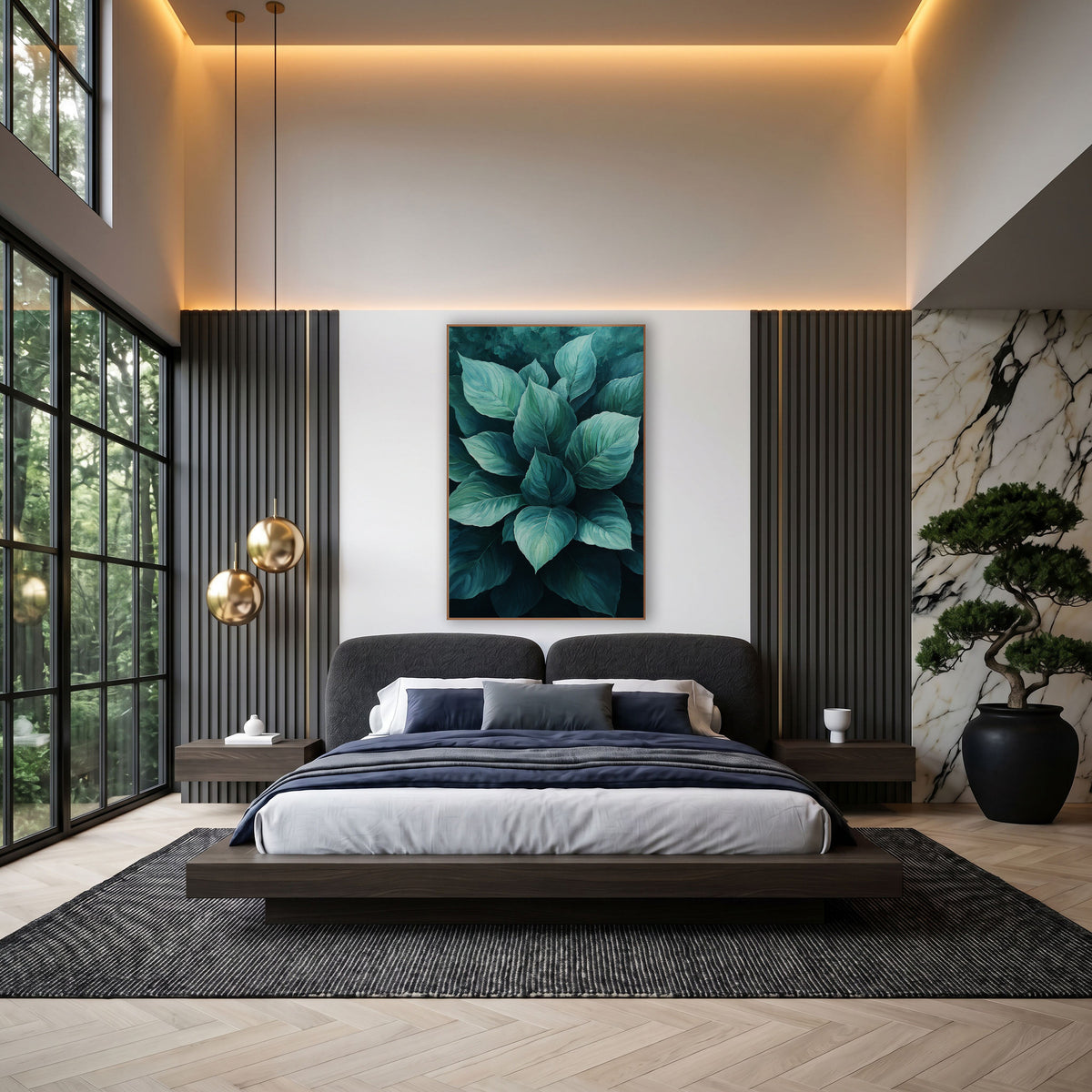 Teal Hosta Leaf Cluster Botanical wall art in an elegant modern room – cluster of broad hosta leaves in mint, seafoam