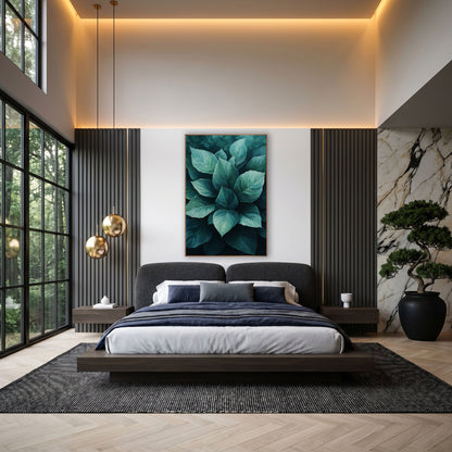 Teal Hosta Leaf Cluster Botanical wall art in an elegant modern room – cluster of broad hosta leaves in mint, seafoam