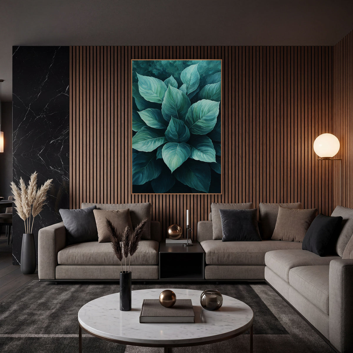 Teal Hosta Leaf Cluster Botanical wall art in an elegant modern room – cluster of broad hosta leaves in mint, seafoam