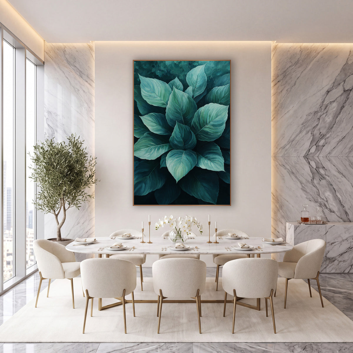 Teal Hosta Leaf Cluster Botanical wall art in an elegant modern room – cluster of broad hosta leaves in mint, seafoam