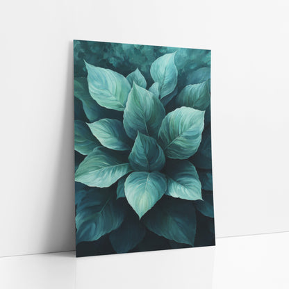 Teal Hosta Leaf Cluster Botanical art print leaning against a white wall – cluster of broad hosta leaves in mint, seafoam