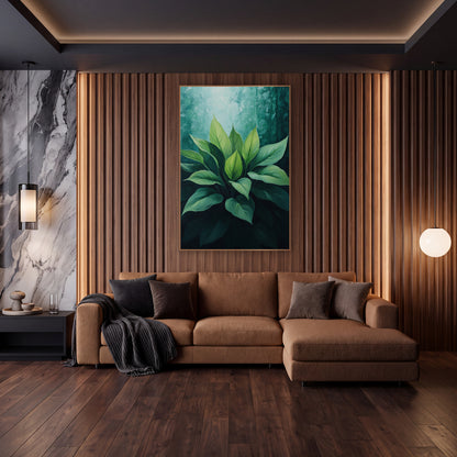 Emerald Hosta Leaf Cluster Botanical wall art in an elegant modern room – cluster of broad green hosta leaves lit