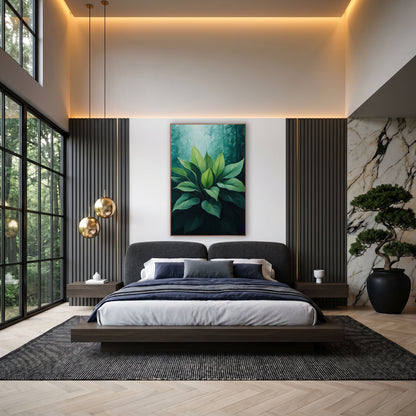 Emerald Hosta Leaf Cluster Botanical wall art in an elegant modern room – cluster of broad green hosta leaves lit