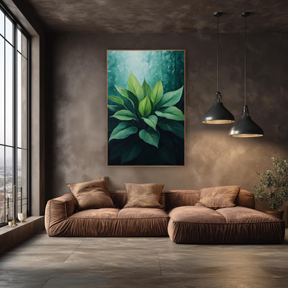 Emerald Hosta Leaf Cluster Botanical wall art in an elegant modern room – cluster of broad green hosta leaves lit