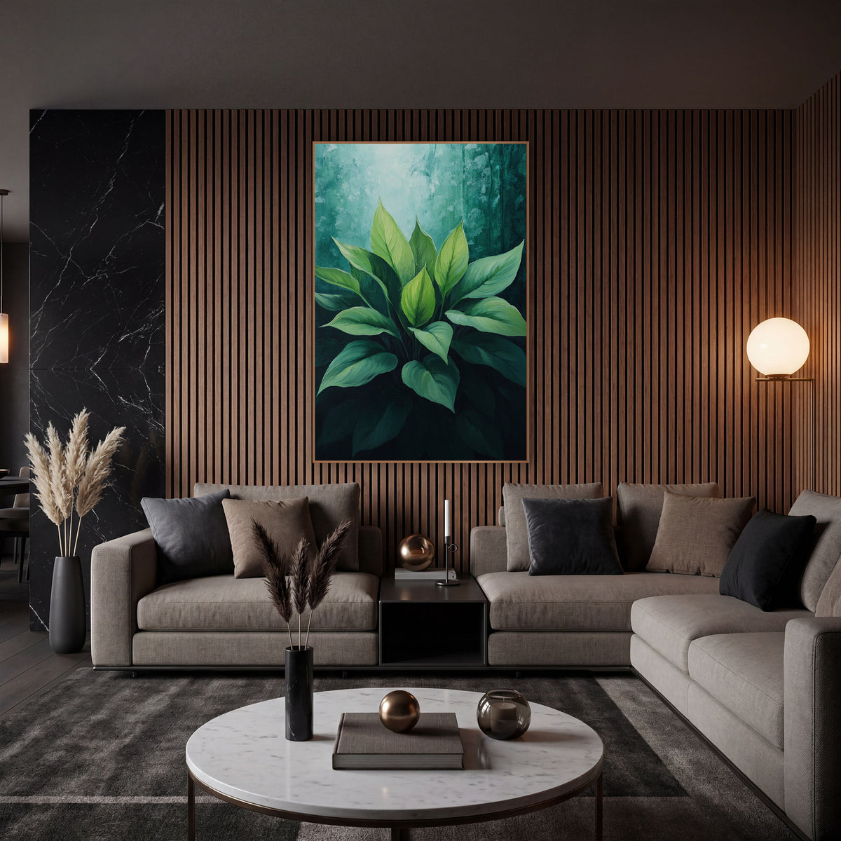 Emerald Hosta Leaf Cluster Botanical wall art in an elegant modern room – cluster of broad green hosta leaves lit