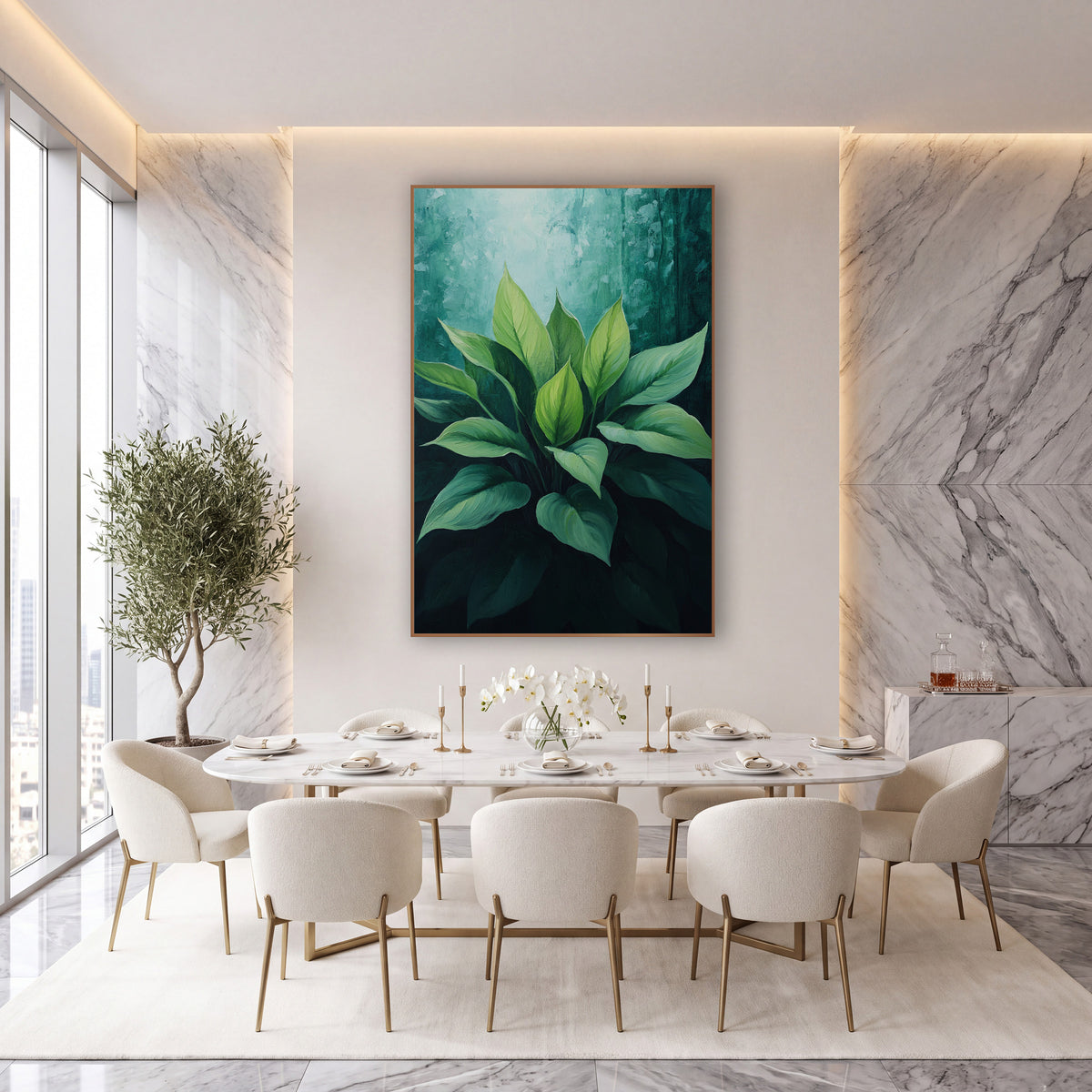 Emerald Hosta Leaf Cluster Botanical wall art in an elegant modern room – cluster of broad green hosta leaves lit