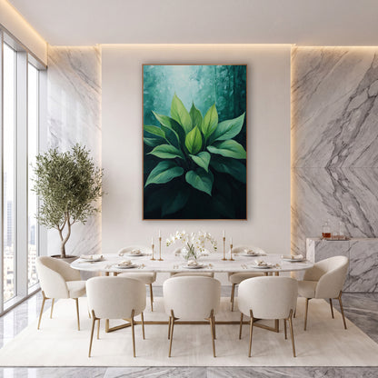 Emerald Hosta Leaf Cluster Botanical wall art in an elegant modern room – cluster of broad green hosta leaves lit