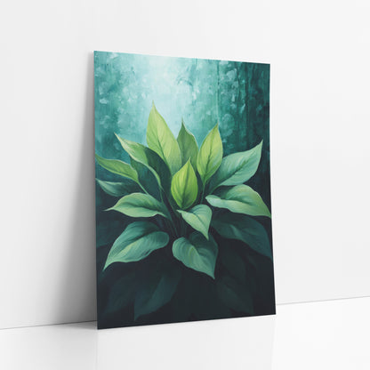 Emerald Hosta Leaf Cluster Botanical art print leaning against a white wall – cluster of broad green hosta leaves lit softly