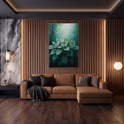 Emerald Hosta Leaves Woodland Botanical wall art in an elegant modern room – cluster of broad green hosta leaves