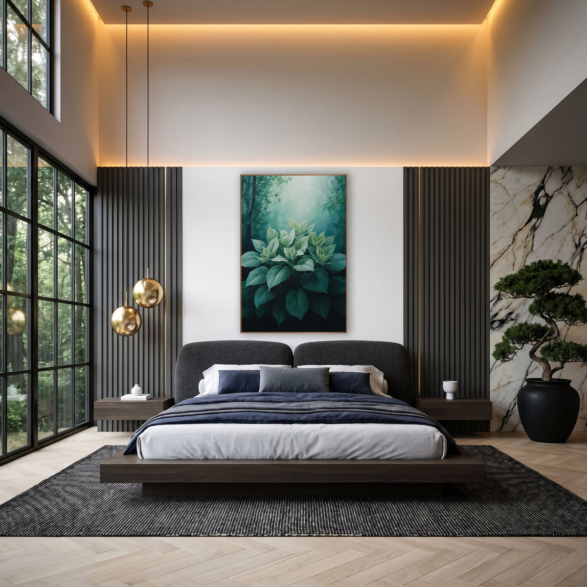 Emerald Hosta Leaves Woodland Botanical wall art in an elegant modern room – cluster of broad green hosta leaves