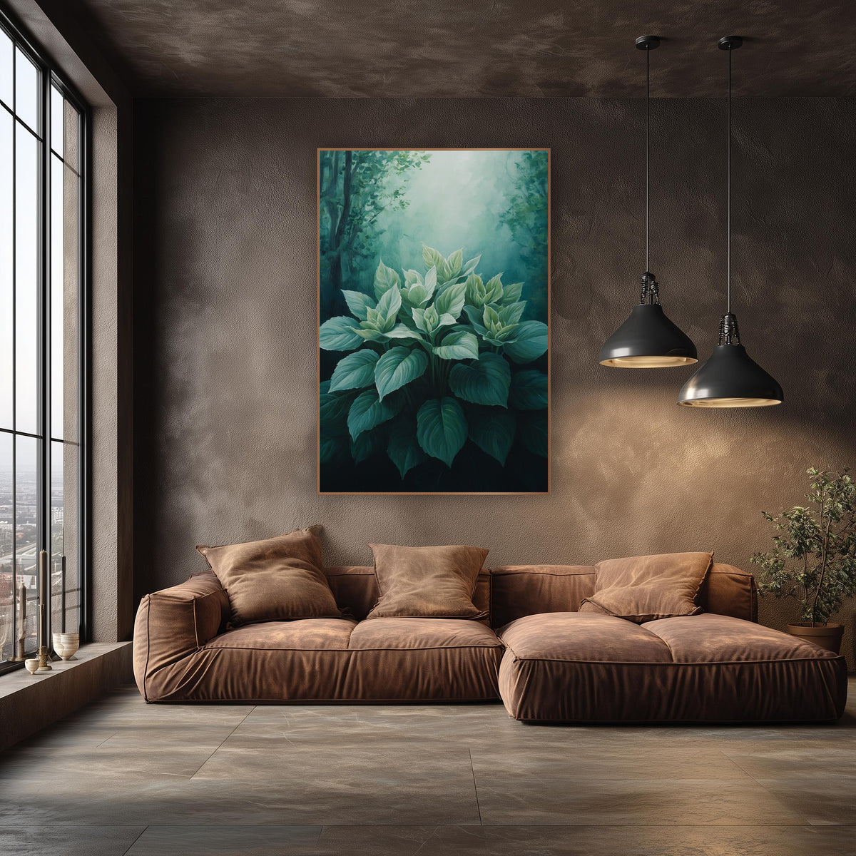 Emerald Hosta Leaves Woodland Botanical wall art in an elegant modern room – cluster of broad green hosta leaves