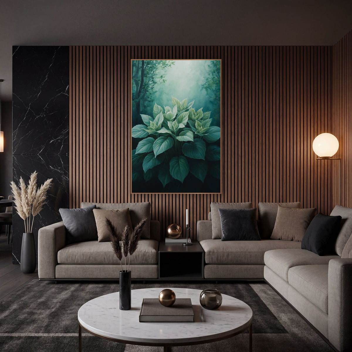 Emerald Hosta Leaves Woodland Botanical wall art in an elegant modern room – cluster of broad green hosta leaves