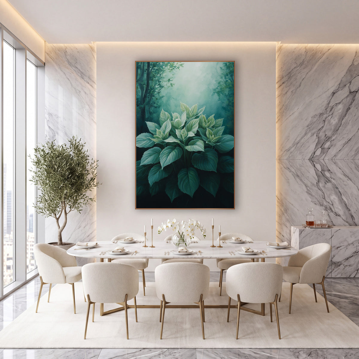 Emerald Hosta Leaves Woodland Botanical wall art in an elegant modern room – cluster of broad green hosta leaves
