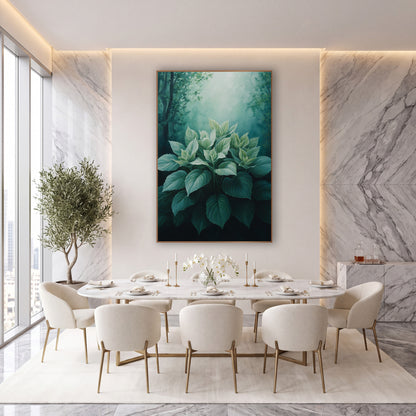 Emerald Hosta Leaves Woodland Botanical wall art in an elegant modern room – cluster of broad green hosta leaves