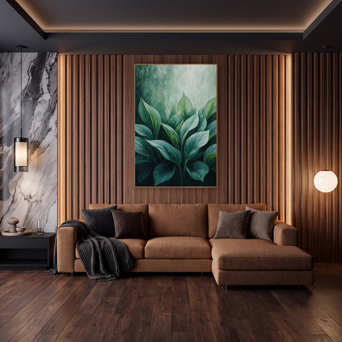 Emerald Hosta Leaf Botanical Luxe wall art in an elegant modern room – cluster of broad hosta leaves in emerald